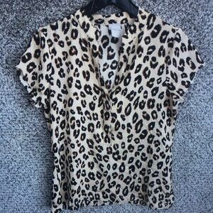 Leopard Print V-Neck Short Sleeve Top - Beige